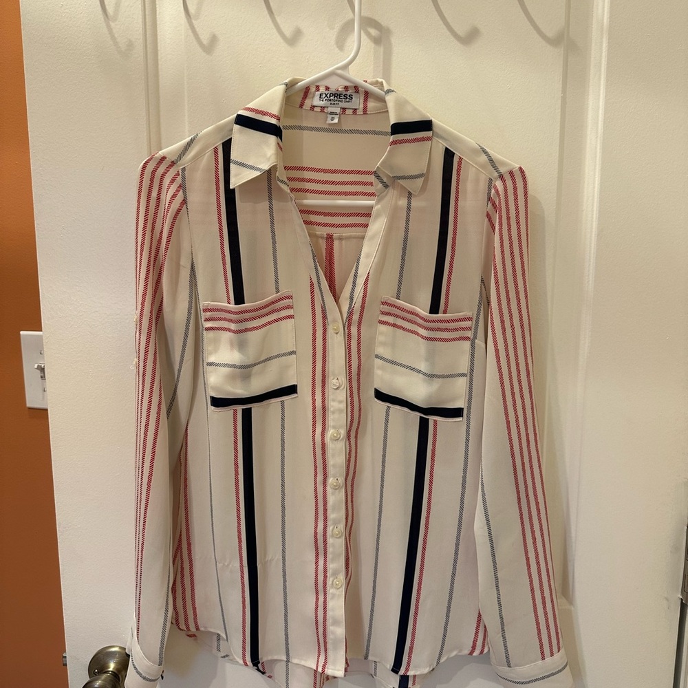 Express Women’s Red, Navy, and Gray Striped Portofino Shirt